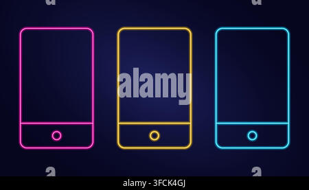 Mobile Phone Neon Icon on dark background. Pink, blue and yellow. Set Luminescent Smartphone. Contour Portable Technology. Glow Linear Touch Screen. L Stock Vector
