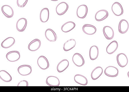 Red onion rings pattern. Bulb purple onion. Seamless print. Sliced fresh vegetable on white background. Scattered sliced food. Salad ingredient. Doodl Stock Vector