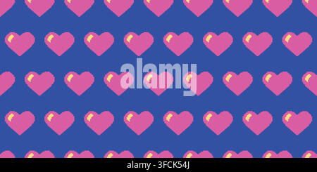Retro Hearts Pattern. Pixel pink Love symbol on blue background. Seamless print for Valentine day wrapping paper. Romance 8-bit video Game. Digital wa Stock Vector