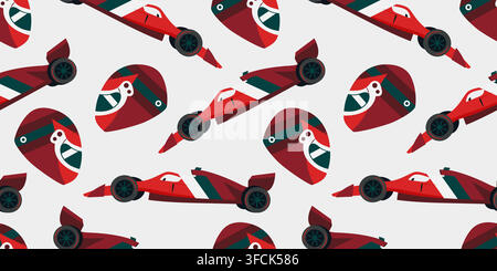 Pattern of a racing car, helmet. Rider head protection with visor. Formula 1 championship sports car. Men seamless print. Extreme sport. Color image - Stock Vector