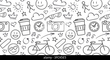 Doodle pattern Joys - coffee, smiling and love emoticons. Hobbies are cycling, photography and walking. Sunglasses, sun, clouds. Crown, heart, stars. Stock Vector