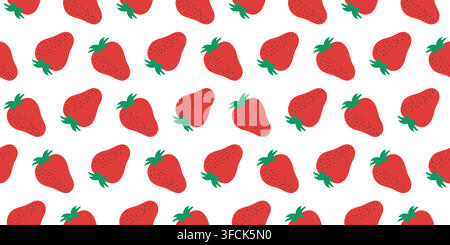 Strawberries Pattern in row. Summer print of red berry on white background. Ingredient for jam. Harvesting. Vegan sweet food. Product on market. Color Stock Vector
