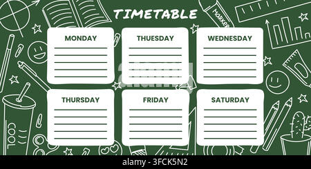 Timetable Template on green chalkboard, school supplies drawn in chalk. Weekly schedule study subjects. Doodle stationery, art materials. Children out Stock Vector