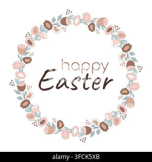 Happy Easter floral Wreath, brown flowers. Mocha Mousse color. Doodle botanical Frame. Greeting card with holiday Text. Pastel soft bouquet with buds. Stock Vector