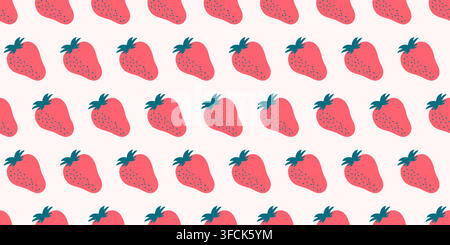 Pink Strawberry Pattern. Summer print of red berry with leaf. Vegan sweet food. Ingredient for jam and compote. Harvesting. Product on the market. Col Stock Vector