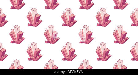 Pattern Crystals. Seamless print gems, Diamonds, jewels. Group of Pink Stalagmites. Game attributes, element. Wrapping paper. Color image on white bac Stock Vector