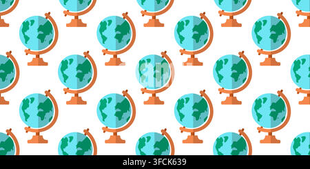 Seamless pattern of Globes on white background. Planet Earth. School subject on Geography. Symmetrical print. World map. Continents and oceans. Flat d Stock Vector