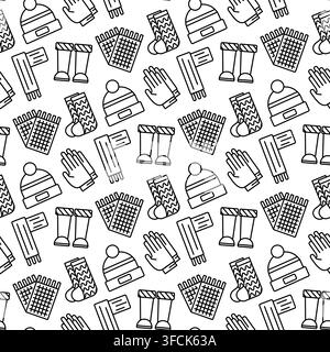 Contour Pattern of Autumn wardrobe - hat, scarves and gloves. Rubber boots and knitted socks. Cloth. Scottish checkered scarf. Seamless print of linea Stock Vector