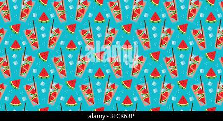 Pattern of Watermelon Juice in glass, Pieces of fruit with ice cubes on blue background. Seamless print refreshing cold summer Lemonade. Drink in tran Stock Vector
