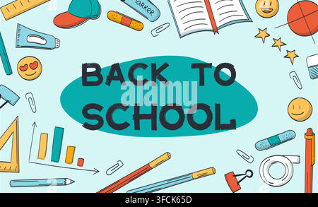 School supplies, Back to school text. Set of items. Rulers, charts and book. Stationery - pen, pencil, eraser. Smileys, tape and tube of paint. Cap an Stock Vector