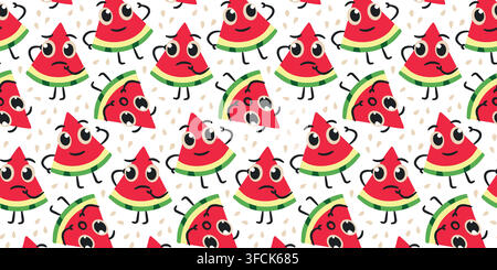 Watermelon Character triangle Piece. Seamless pattern. Different emotions of summer mascot. Print Childish fruit hero on white background. Piece of fr Stock Vector