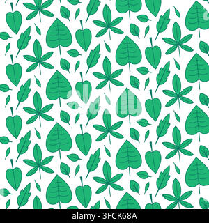 Green Leaves Pattern. Seamless print of Foliage of different trees - oak, maple. Nature, plant element. Summer organic, natural Botany for wrapping on Stock Vector
