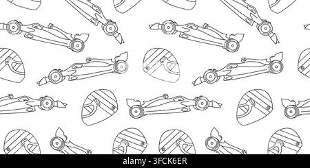 Pattern of contour racing car, helmet. Formula 1 sports car. Racer head protection with visor. Sketch men seamless print. Extreme Transport. Champions Stock Vector