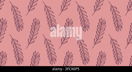Pattern of contour fern leaf on a pink background. Seamless linear tropical exotic botany print. Hand-drawn summer Plant. Nature, herb. Color monochro Stock Vector