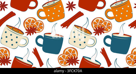 Cozy pattern of Mugs hot Drink, Cinnamon stick and Orange. Polka dot Cup. Coffee, cocoa, steam. Round piece Citrus. Star anise. Spices, condiments and Stock Vector