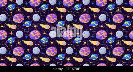 Cosmic childish pattern on dark background. Flying Comet, strange Planets. Moon, stars. Constellation Ursa Major. Space. Seamless Galaxy print. Wrappi Stock Vector