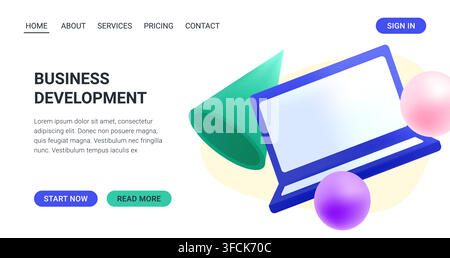 Website template for business, online courses and education. 3D laptop, geometric shapes - spheres, cone. Technologies. Promo page three-dimensional C Stock Vector