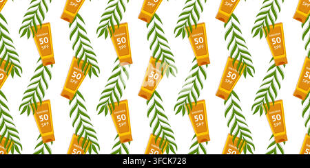 Pattern Sunscreen, tropical leaves. Sun lotion SPF 50. Healthy skin care. Seamless print Sunblock. Wrapper Tube of summer cosmetics, palm leaves for p Stock Vector
