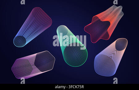 Set of contour abstract figures. Collection of elongated linear geometric shapes 3D. Gradient colors on dark background. Outlines of shape of star, co Stock Vector