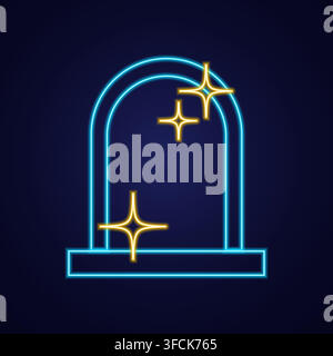 Neon Frame with Stars. Aesthetic Y2K. Space Portal on dark background. Glowing arch, glitter. Luminescent sparkles. Galaxy border. Tarot symbols, fort Stock Vector