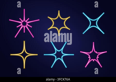Set Neon Sparkles, Glitters. Collection of fluorescent angular Stars. Shimmer, shine. Illuminated Glitter. Shining abstract shapes. Electric light. Si Stock Vector