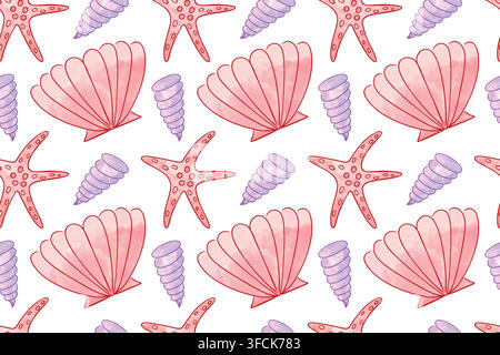 Cute seamless Sea Pattern with Pastel elements - red starfish, purple spirals and pink fan shells for decor, fabric. Marine and beach designs. Waterco Stock Vector
