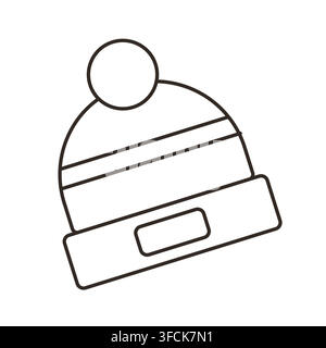 Winter Beanie hat contour icon with pompom. Warm knitted Cap outline isolated for seasonal Coloring page, xmas decoration, web design. Outdoor apparel Stock Vector