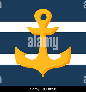 Yellow Anchor on striped marine background. Golden ship brake, Maritime symbol. Blue and white lines on backdrop. Postcard, poster for travel. Coastal Stock Vector