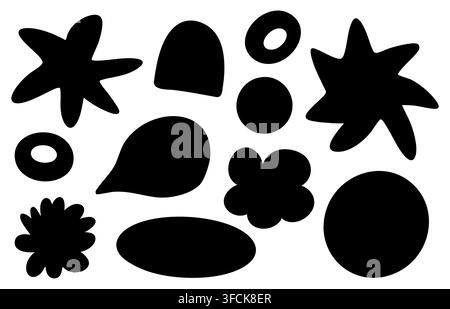 Set of Silhouettes of Abstract Spots and shapes. Collection of children filled Doodles. Crooked stars, strange flowers, and simple donuts. Black circl Stock Vector