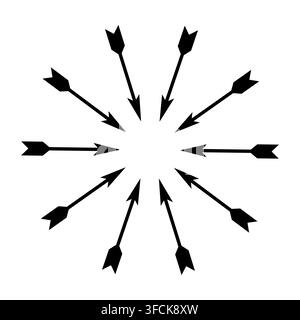 Black Arrows arranged in Circle point to the Center. Concept of goals and navigation. Minimalistic geometric symbol for infographics. Direction, Focus Stock Vector