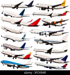 Collage of various passenger airplanes flying isolated on white. Civil aviation concept Stock Photo
