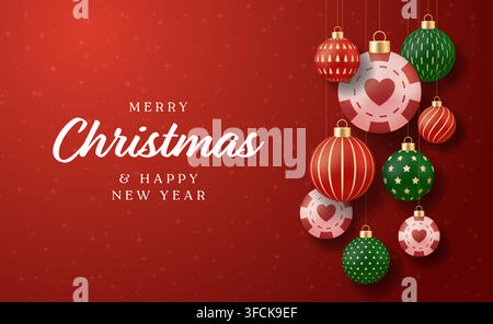 Poker Christmas card. Creative Christmas Ornaments and Casino Poker Chips Hanging on a Red Shimmering Background with Holiday Greetings.. Stock Vector