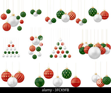 Golf Christmas Festive Golf Ball Themed Christmas Ornaments Hanging Decor Set with Red Green White for Holiday Celebration. Stock Vector