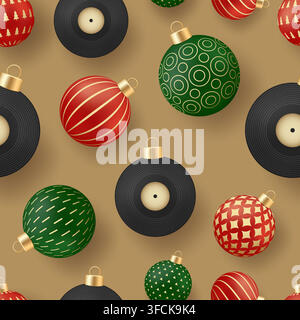 Music christmas greeting card. Christmas ornaments and retro vinyl records creating a festive seamless pattern for holiday season celebrations with a Stock Vector