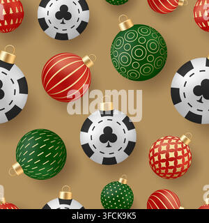 Casino poker chip christmas card. Christmas Ornaments and Casino Poker Chips Blending Festivities into a Unique Seamless Gambling Pattern.. Stock Vector
