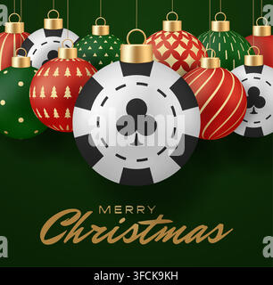 Casino poker chip christmas card. Unique Christmas Ornaments Fused with Casino Poker Chips Hanging on a Festive Dark Green Holiday Background. Stock Vector