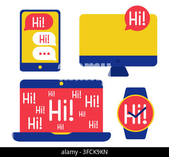 Electronic gadgets display friendly greeting messages on screens. Collection Hi. Flat vector set includes smartphone, laptop, desktop monitor and smar Stock Vector