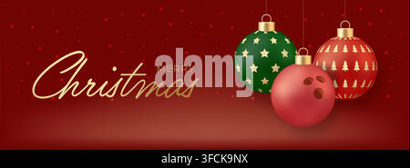 Bowling christmas. Joyful Merry Christmas Greeting Text Decorated with Hanging Ornaments and a Unique Bowling Ball on an Elegant Red Background.. Stock Vector