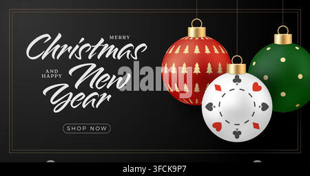 Casino poker chip christmas card. Elegant Christmas and New Year Greeting with Festive Casino-Themed Ornaments on a Black Background, Celebrating Holi Stock Vector