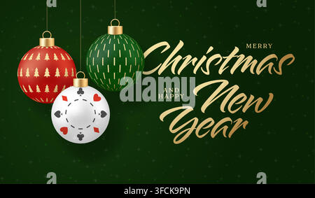 Casino poker chip christmas card. Merry Christmas and Happy New Year Greeting with Casino Card Suit Ornaments and Traditional Baubles on a festive gre Stock Vector