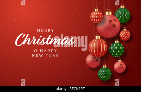 Bowling christmas. Festive Bowling Ball Christmas Ornaments Hanging on Red Background for a Joyful Holiday Celebration Greeting Card.. Stock Vector