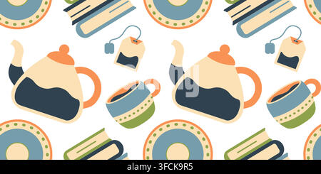 Cozy tea time seamless pattern on white background. Flat vector repeat background with teapot, tea bag, cup. Books and saucers for fabric print, wrapp Stock Vector