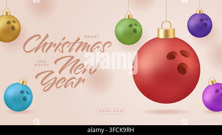 Playful Bowling Ball Christmas Ornaments Hanging for Festive Holiday Season Greeting Card Design with Merry Mood.. Stock Vector