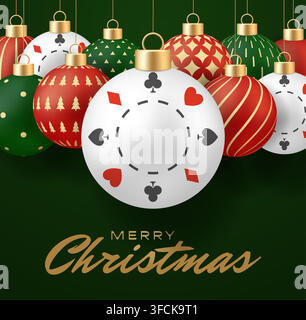 Casino poker chip christmas card. Festive Christmas baubles with elegant casino card suits hanging for a unique holiday season celebration.. Stock Vector