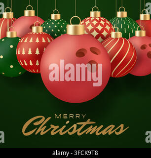 Bowling christmas. Playful Christmas Ornaments Including Bowling Balls Hanging Against a Dark Green Background with Merry Christmas Text, a Unique Fes Stock Vector