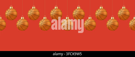 Basketball ball christmas. Basketball sports balls hanging as festive Christmas ornaments on a vibrant red background, celebrating the holiday season Stock Vector
