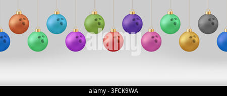 Colorful Bowling Ball Christmas Ornaments Hanging in a Festive Row Border for Playful Holiday Celebrations.. Stock Vector