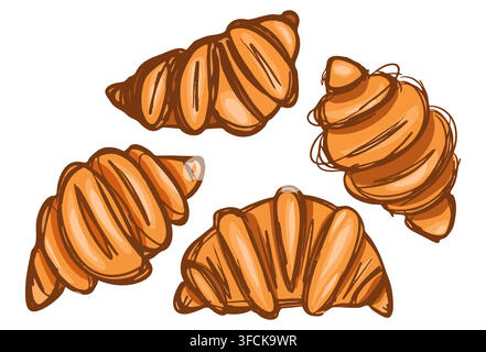 Sketch Croissant set. French Pastry collection. Hand-drawn Bakery products, desserts. Quick contour line drawn in pencil. Various compositions. Brown Stock Vector