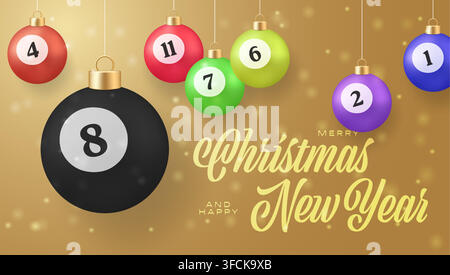 Unique Billiard Ball Christmas Ornaments Hanging with Festive Merry Christmas and Happy New Year Greeting on Gold Background.. Stock Vector