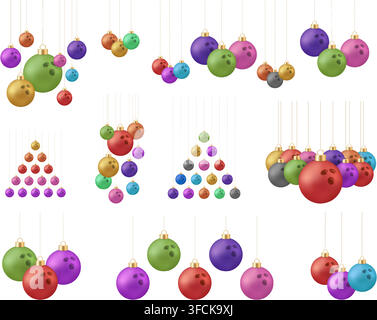 Abstract colorful bowling ball decorations creatively hanging in dynamic arrangements, a playful and modern vector graphic illustration.. Stock Vector